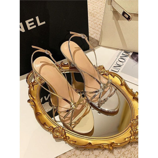 Damen elegante High Heel Sandalen mit feinen Riemchen und glitzerndem Detail EB