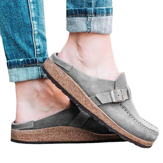 Damen Mokassin-Mule mit verstellbarer Schnalle und Kork-Plateau EB