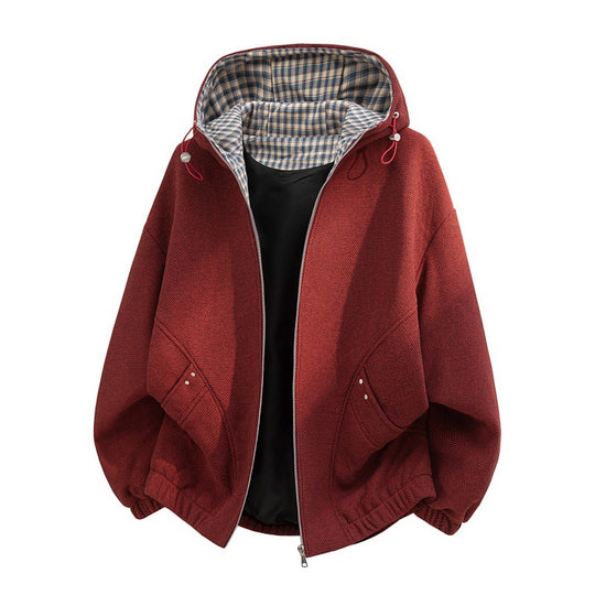 Damen oversized Fleecejacke mit Kapuze und karierter Innenfütterung EB