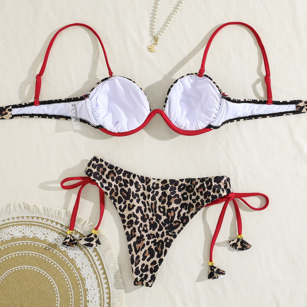 Damen Triangel-Bikini mit dekorativen Palmendruck und verstellbaren Bindebändern EB