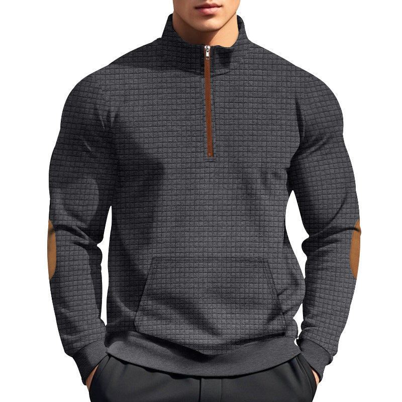 Herren nan gestepptes Halfzip-Sweatshirt mit Stehkragen, Kängurutasche und Kunstleder-Ellenbogenpatches EB