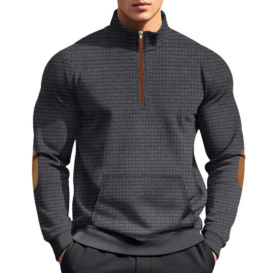 Herren nan gestepptes Halfzip-Sweatshirt mit Stehkragen, Kängurutasche und Kunstleder-Ellenbogenpatches EB
