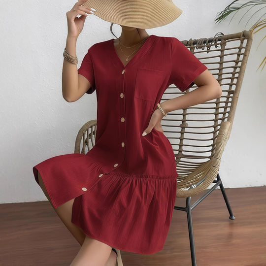 Damen lässiges Hemdblusenkleid mit Knopfdetail und ausgestelltem Rock EB