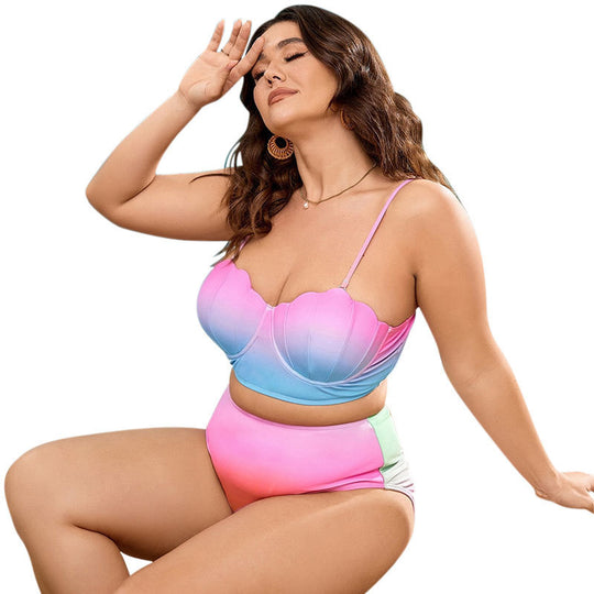 Damen Push-Up Bikini-Set mit modischem Wellenmuster und hohem Taillenschnitt EB