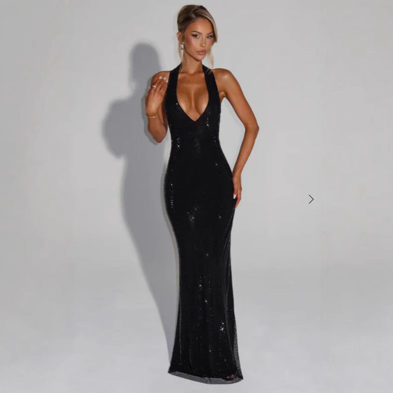 Damen Glitzerndes Abendkleid mit tiefem V-Ausschnitt und figurbetontem Schnitt EB