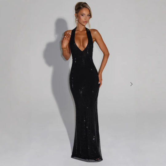 Damen Glitzerndes Abendkleid mit tiefem V-Ausschnitt und figurbetontem Schnitt EB