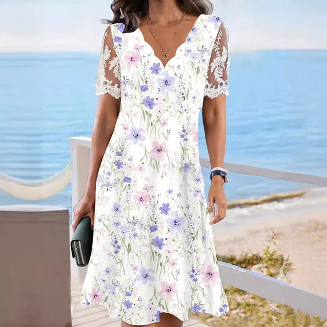 Damen Freizeitkleid mit romantischem Blumenmuster und Spitzendetails Heidi-Mode