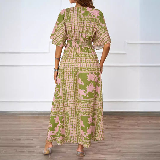 Damen luftiges Maxikleid mit tiefem V-Ausschnitt und eleganten Rüschen EB