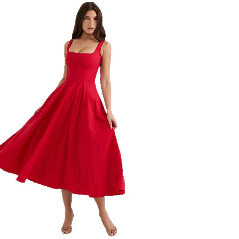 Damen elegantes Maxikleid mit quadratischem Ausschnitt und fließendem Rock EB