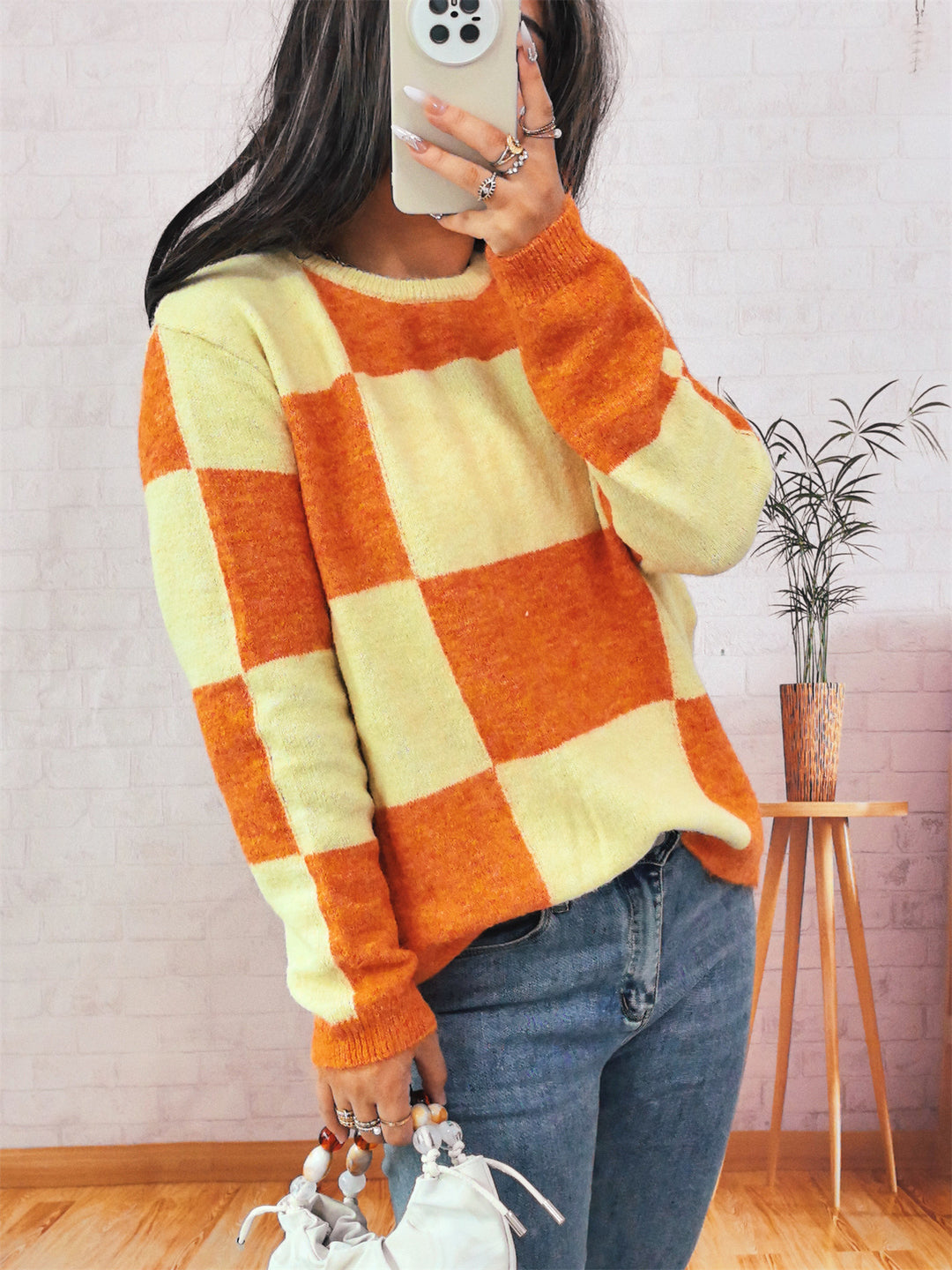Damen Grobstrickpullover mit modernem Karomuster und lässigem Schnitt EB