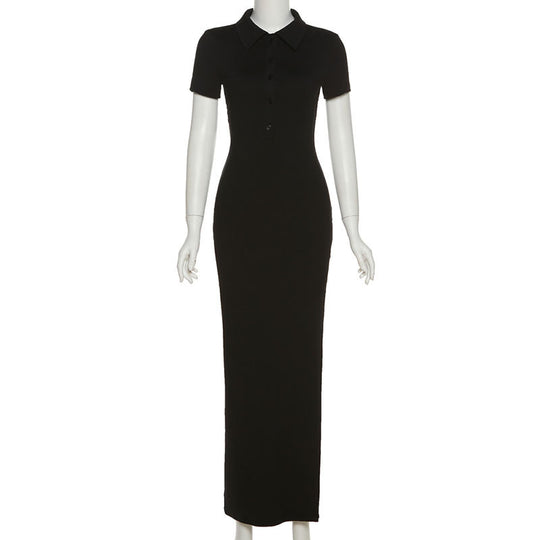 Damen Maxikleid mit kurzem Arm und klassischem Kragen EB