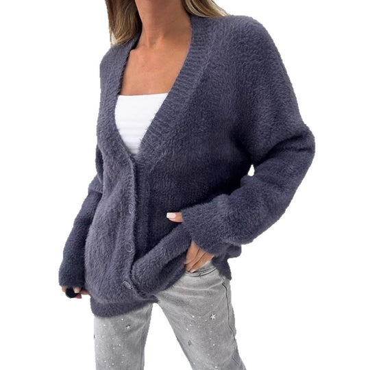 Damen Flauschiger Oversize-Cardigan mit tiefer V-Ausschnitt, Knopfleiste und Eingrifftaschen EB