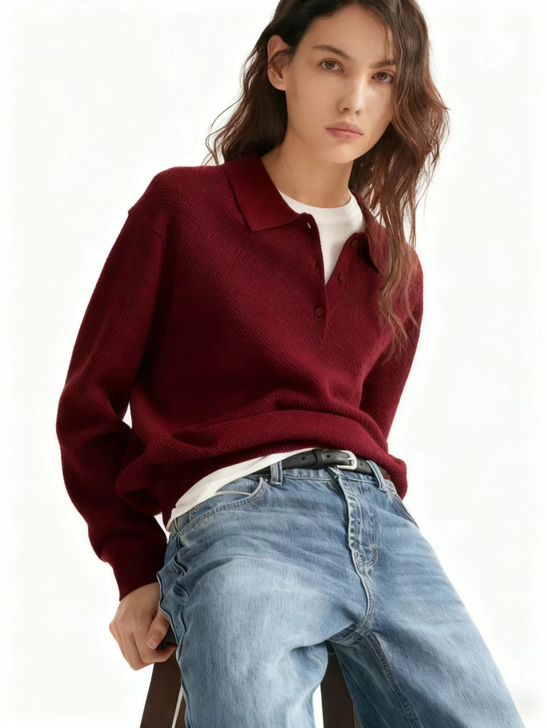 Damen Feinstrick-Polo-Sweater mit Knopfleiste und geripptem Saum EB