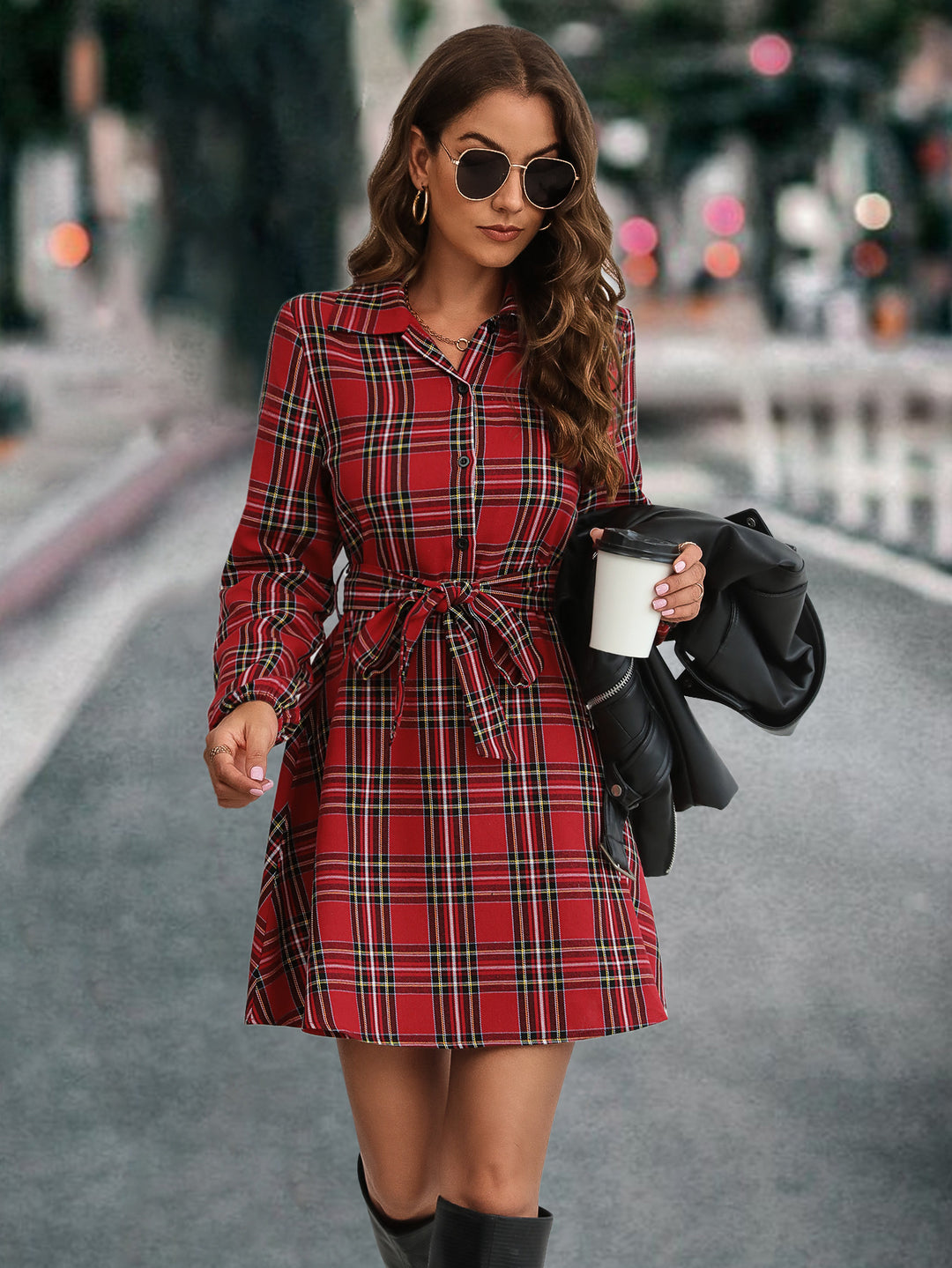 Damen Karohemdkleid mit Bindegürtel und langen Ärmeln EB
