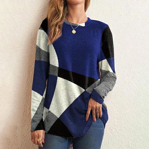 Damen nan Langarmshirt mit grafischem Print, Rundhalsausschnitt und geschwungenem Saum EB