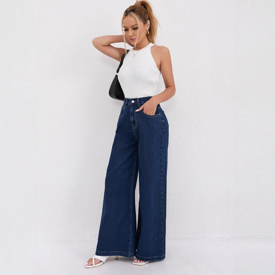 Damen Weite Denim-Jeans mit hoch tailliertem Schnitt und trendigen Details EB