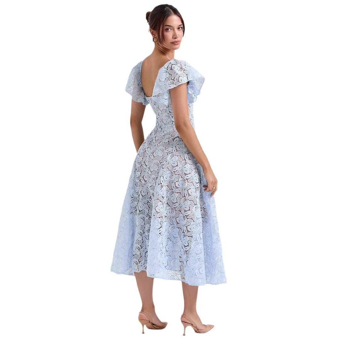 Damen Spitzenkleid mit voluminösen Rüschärmeln und ausgestelltem Rock EB