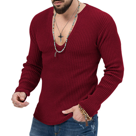 Herren Langarm-Rippenpullover mit tiefem V-Ausschnitt und modernem Schnitt EB