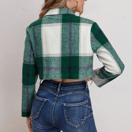 Damen Karierte Jeansjacke im cropped Schnitt mit Brusttaschen EB