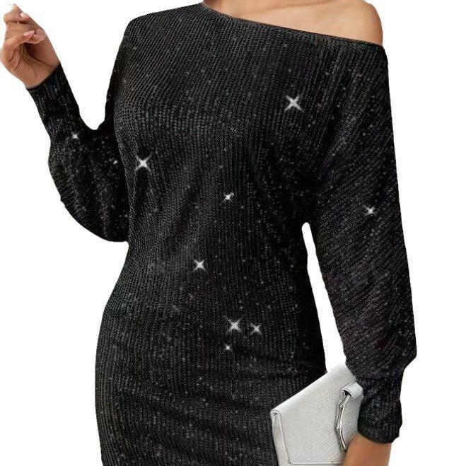 Damen Glamouröses Minikleid mit asymmetrischem Schulterdesign und Funkeleffekten EB