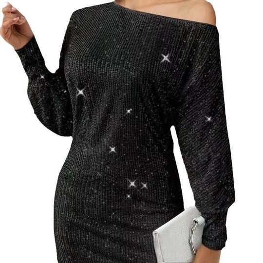 Damen Glamouröses Minikleid mit asymmetrischem Schulterdesign und Funkeleffekten EB