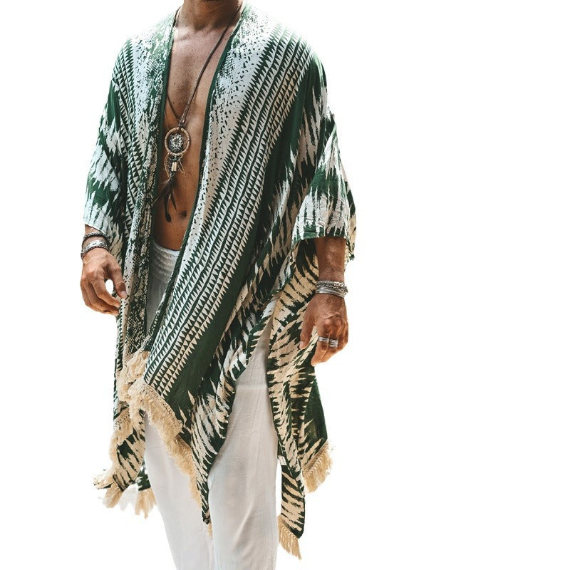 Herren nan leichter Strandponcho im Kimono-Stil mit Fransen EB