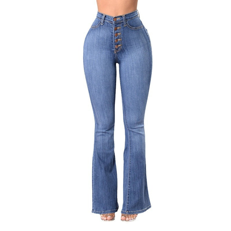 Damen nan Highwaist-Jeans mit ausgestelltem Schlag, taillierter Passform und dekorativer Knopfleiste EB