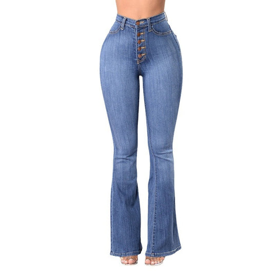 Damen nan Highwaist-Jeans mit ausgestelltem Schlag, taillierter Passform und dekorativer Knopfleiste EB