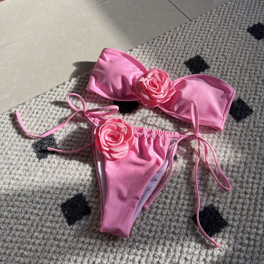 Damen Bandeau-Bikini mit dekorativer Blumenapplikation EB