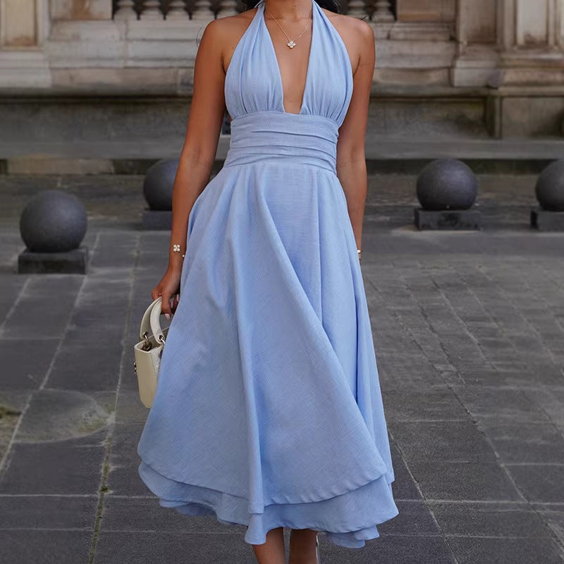 Damen elegantes Midikleid mit tiefem V-Ausschnitt und Fließendem Rock EB
