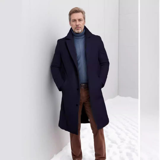 Herren eleganter Langmantel mit strukturiertem Obermaterial und praktischen Taschen EB