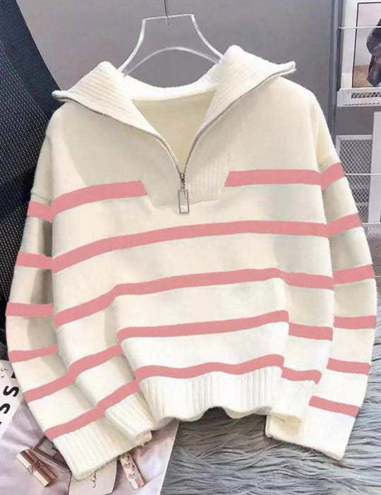 Damen Gestreifter Halb-Reißverschluss Strickpullover mit Rippenkragen EB