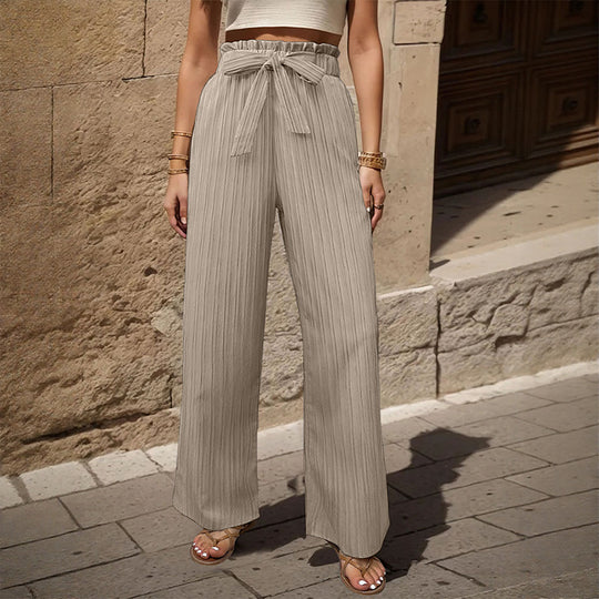 Damen Weite Plissee-Hose mit Paperbag-Bund und Taillenbindegürtel EB
