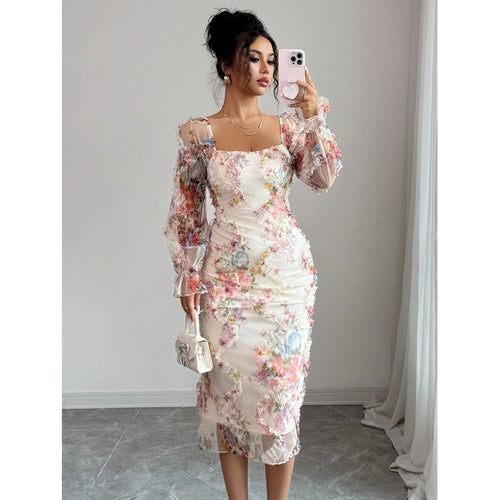 Damen Elegantes Midikleid mit floralen Spitzenärmeln und Rüschendetails EB