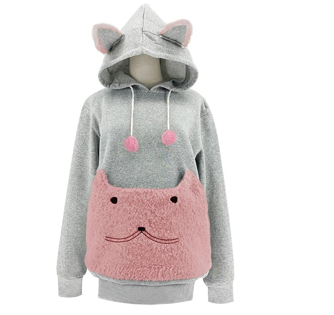 Damen Kuscheliger Kapuzenpullover mit Katzenmotiv und praktischer Känguru-Tasche EB