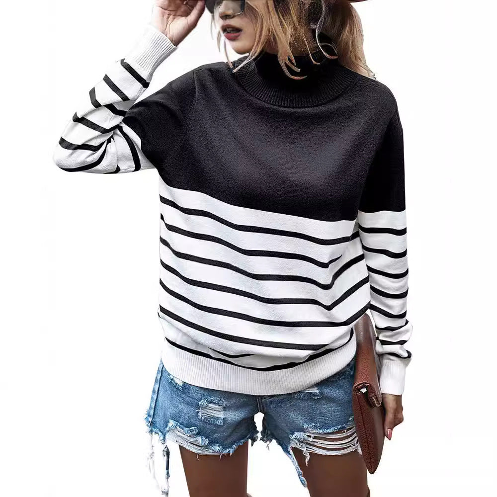 Damen Strickpullover mit einem modernen Hochkragen und breitem Streifenmuster EB