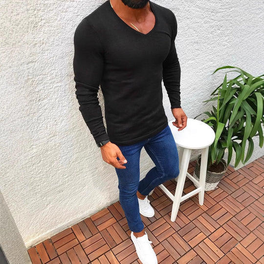 Herren elegantes Langarmshirt mit V-Ausschnitt und figurbetontem Schnitt EB