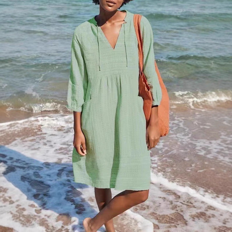 Damen lässiges Sommerkleid mit Kapuze und Taschen EB