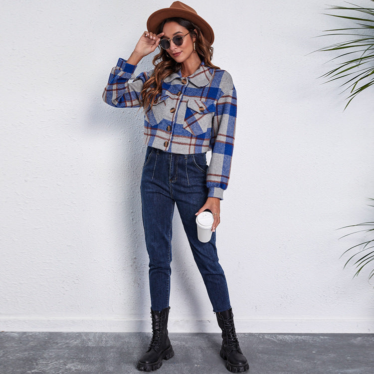 Damen Karierte Short-Jacke mit zwei aufgesetzten Taschen und Knopfdetails EB