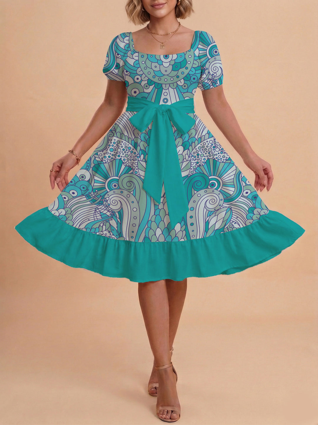 Damen modernes Blumenkleid mit elegantem Taillengürtel und asymmetrischem Saum EB