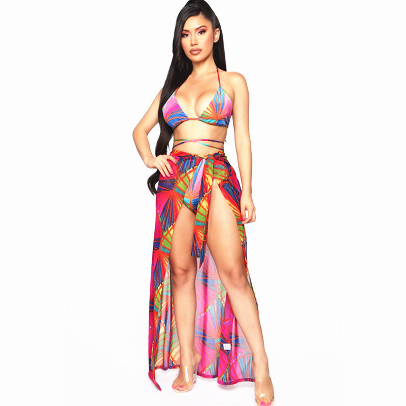 Damen Bikini mit Wickelrock und buntem Muster EB