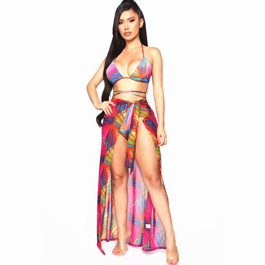 Damen Bikini mit Wickelrock und buntem Muster EB