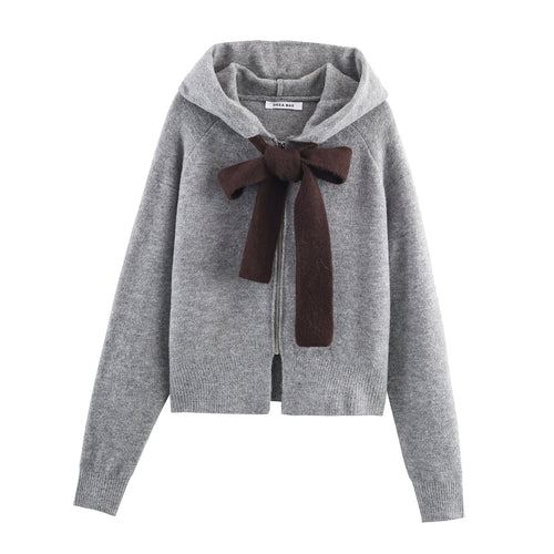 Damen Strickjacke mit Kapuze und dekorativem Schleifenverschluss EB