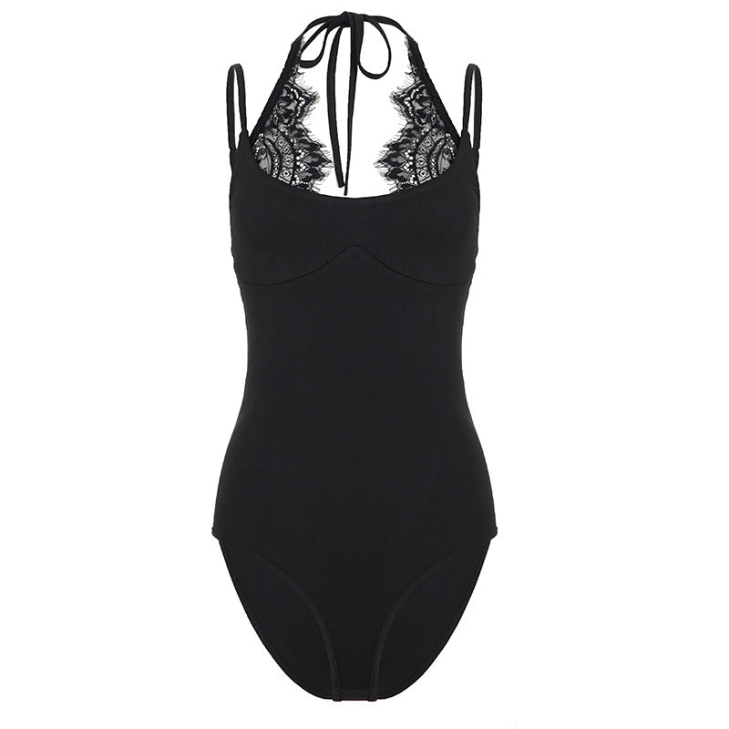 Damen Badeanzug mit elegantem Spitzeneinsatz und halterförmigem Design EB