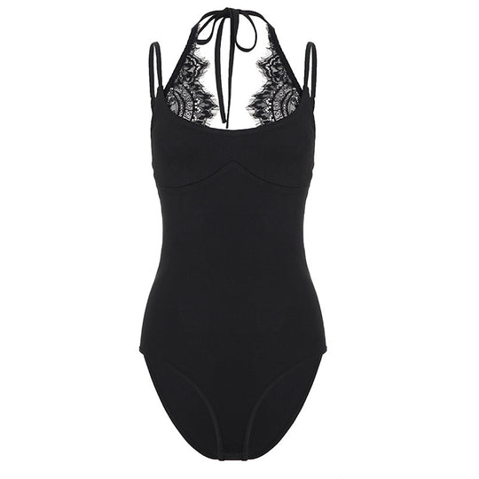 Damen Badeanzug mit elegantem Spitzeneinsatz und halterförmigem Design EB