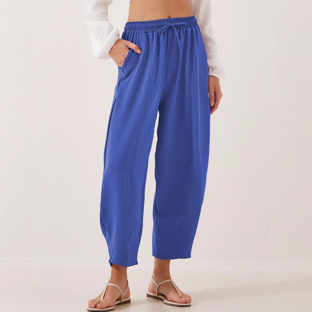 Damen bequeme Freizeithose aus leichtem Stoff mit elastischem Bund und Seitentaschen EB