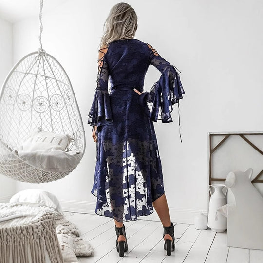 Damen Midi-Kleid mit transparenten Ärmeln und dekorativem Gürtel EB