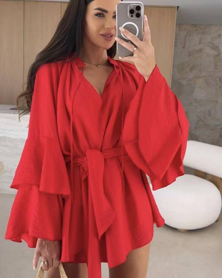 Damen lässiges Kaftan-Kleid mit voluminösen Ärmeln und Taillengürtel EB