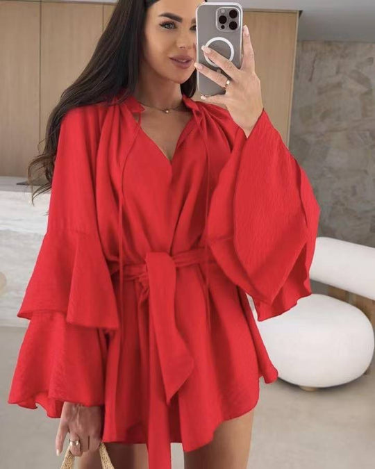 Damen lässiges Kaftan-Kleid mit voluminösen Ärmeln und Taillengürtel EB