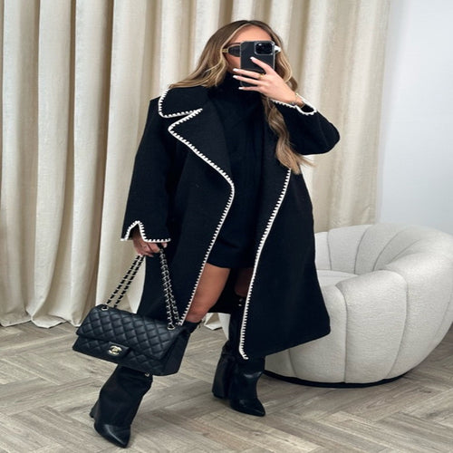 Damen eleganter Mantel mit stilvollem Umschlagkragen und kontrastierenden Ziernähten EB